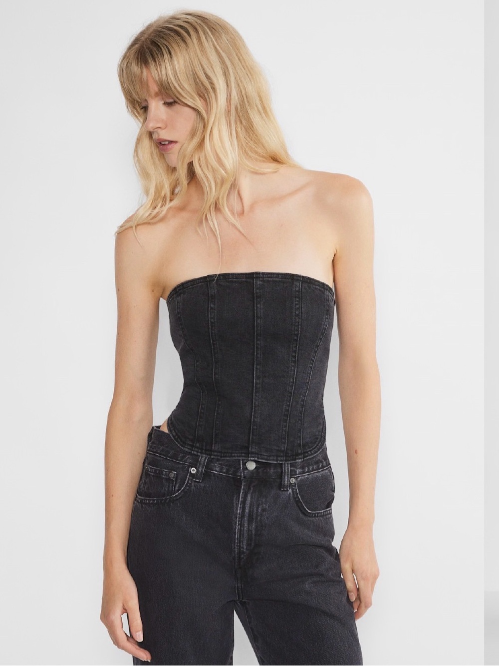 Denim Forum Aritzia The ’90s Debbie Denim Corset Top Black XS tube strapless